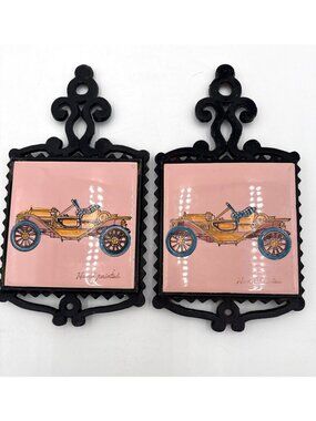 Vtg Crown Japan Hand-Painted Cast Iron Trivet  Antique Car Design Set Of 2